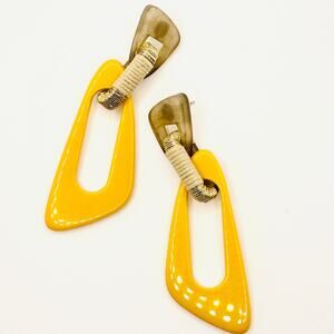 Vintage 80s Yellow Plastic Abstract Door Knocker Statement Earrings